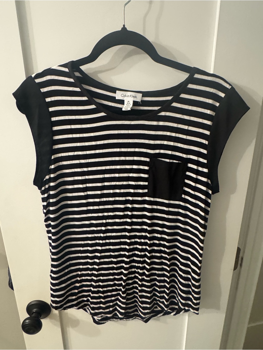 Calvin Klein Black and White Striped Pocket Top Medium